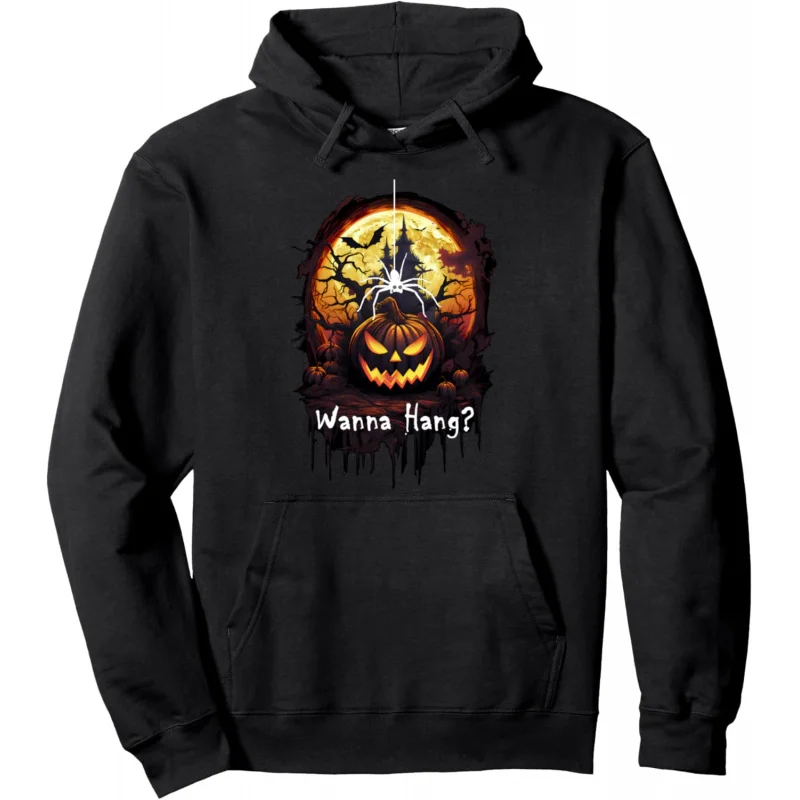 

Horror Pumpkin Ghost House Bat and Spider Halloween Hoodie Hoodie Long Sleeve Black