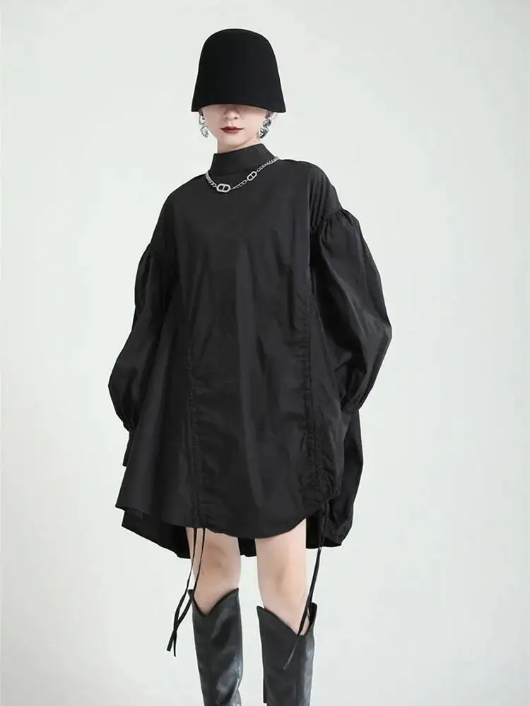 Irregular Women Balck Drawstring Big Size Dress New Stand Collar Long Sleeve Loose Fit Fashion Spring Autumn 2026 WKH6