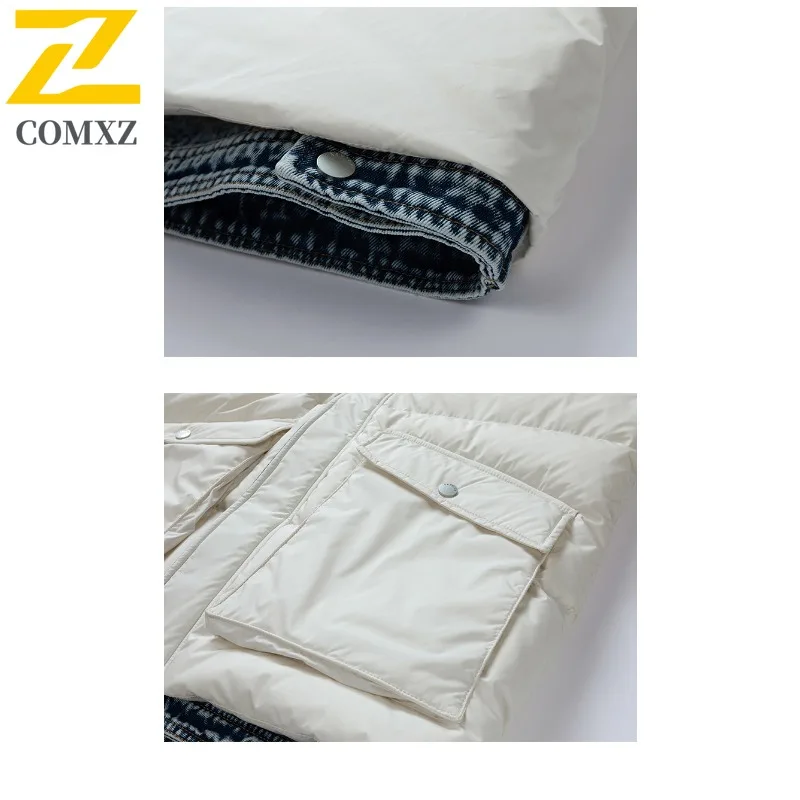 COMXZ New Puffer Jacket High Street Fake Two-Piece Cotton Coat Warm White Duck Down Jacket Winter Wear Versatile Puffer Coat