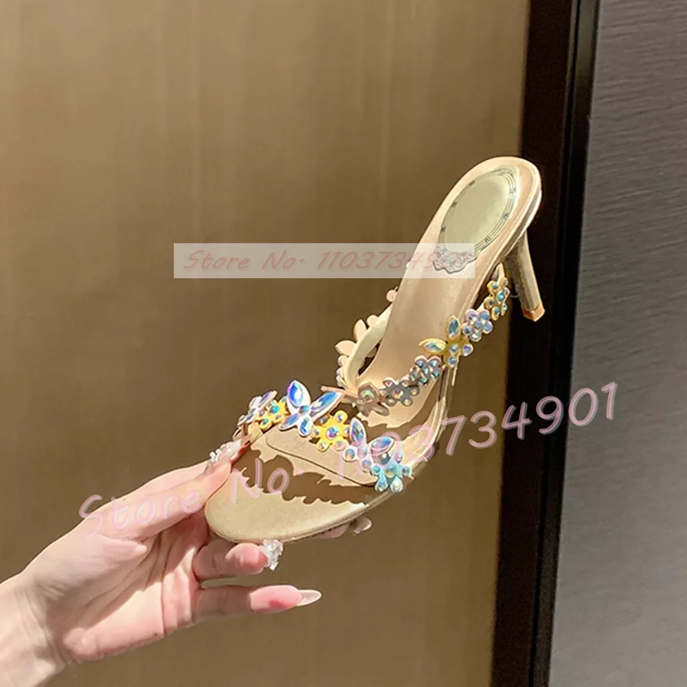 Colorful Crystal Flowers Silver Sole Mules Women Elegant Gold High Heels Nifty Slippers Female Party Floral-applique 2024 Shoes