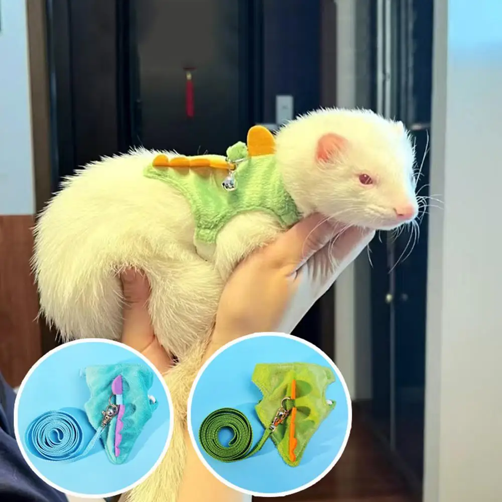 Chaleco con cordón de hurón ajustable con campana para mascotas, cuerda para caminar al aire libre, arnés de conejito, chaleco, diseño de dinosaurio, accesorios para mascotas