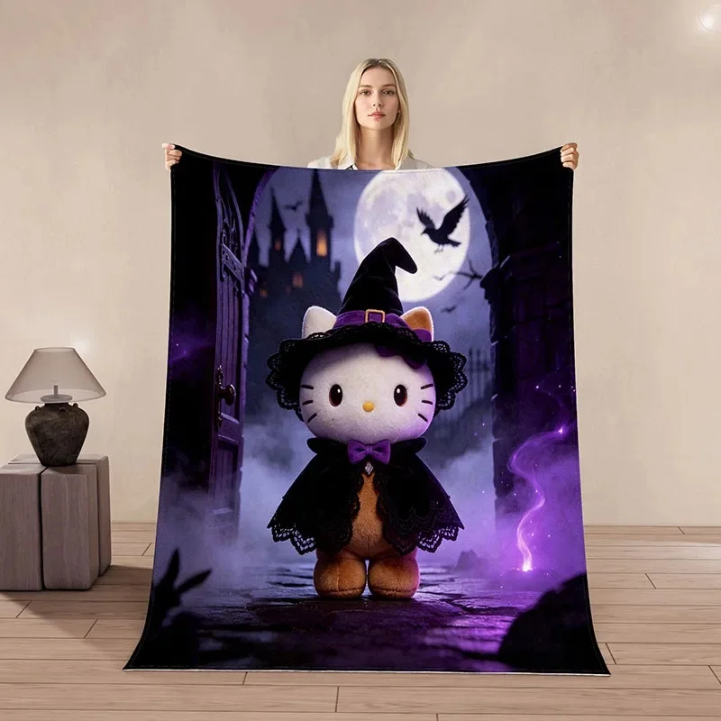 Cute Hello Kitty Halloween Flannel Blanket, Magic Candy Ghost Motif, Warm Breathable Throw, Indoor Outdoor Holiday Gift Choice