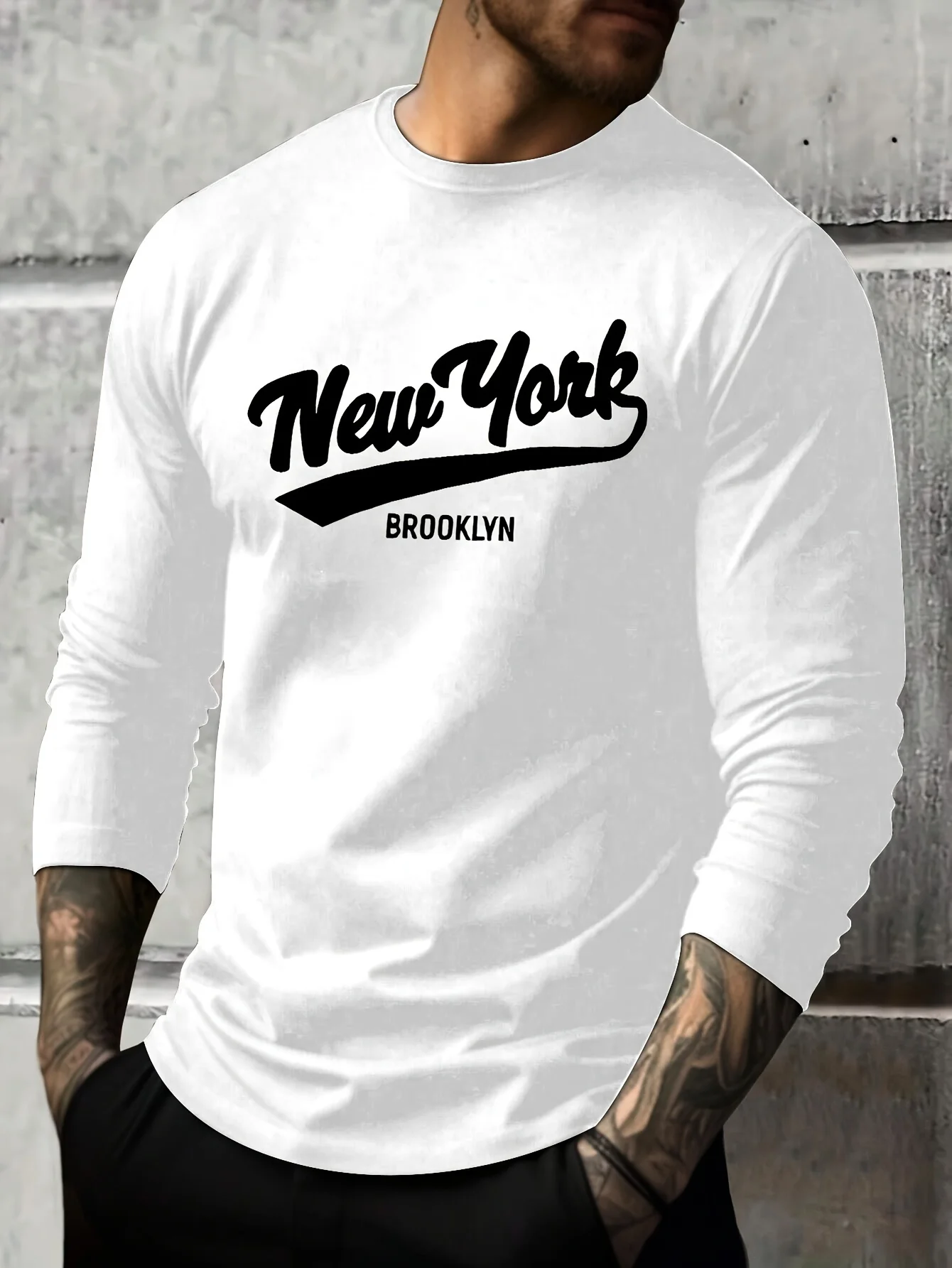 100% Pure Cotton Men's Long Sleeved Round Neck Loose New York Letter Printed Autumn and Winter Casual Versatile T-Shirt Top