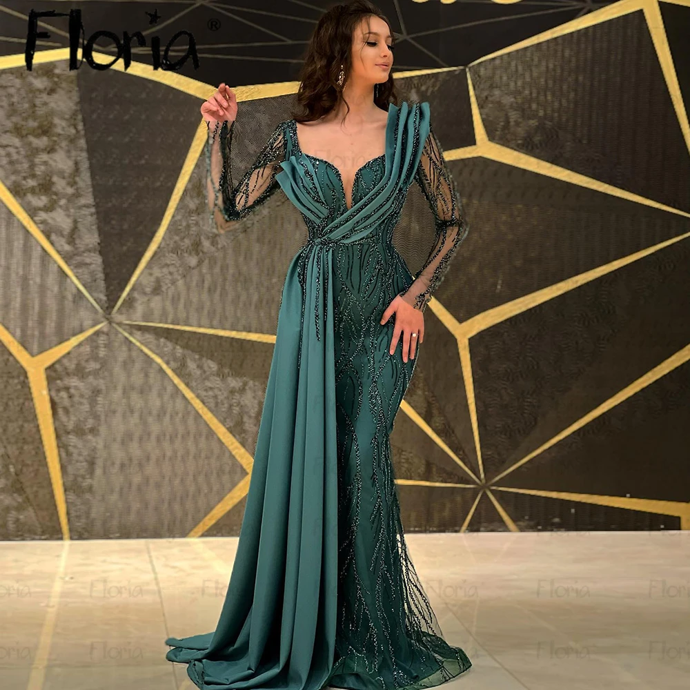 вечернее платье Muslim Emerald Green Beading Evening Dress Square Neck Side Train Formal Occasion Dress Long Sleeves Embroidery