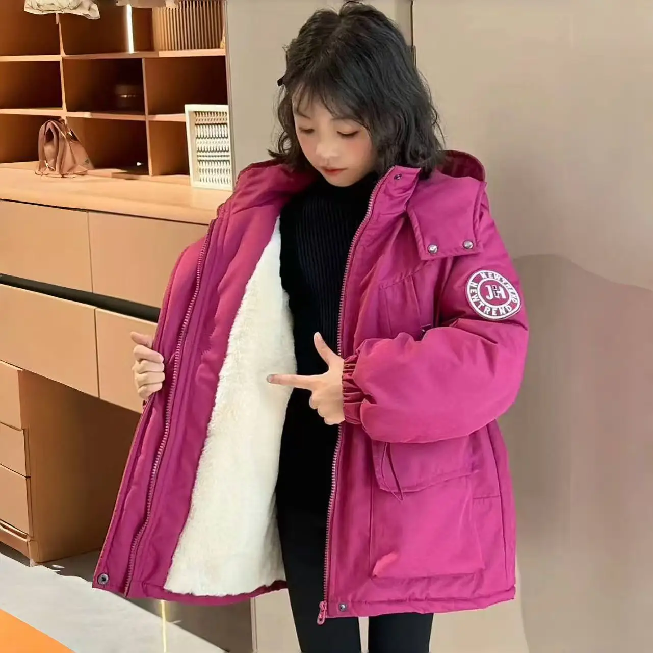 Winter Junior Girls Woolen Jackets Sticker Fleece Thick Warm Children Girls Outerwear Coat Cotton Padded Hooded Kids Girls Parka