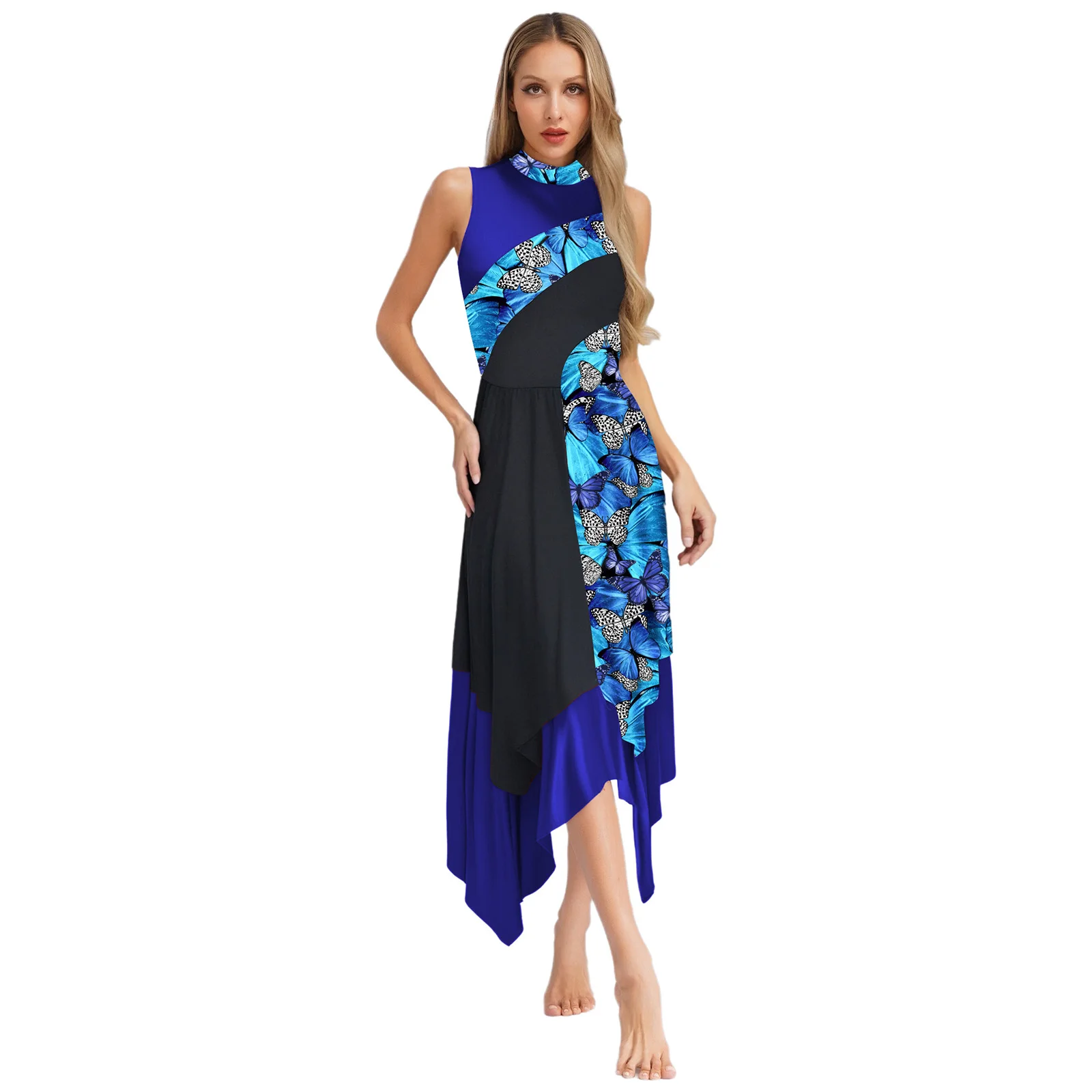 

Womens Liturgical Worship Praise Lyrical Dance Dress Sleeveless Patchwork Asymmetrical Layered Dress for Jazz Stage Performance
