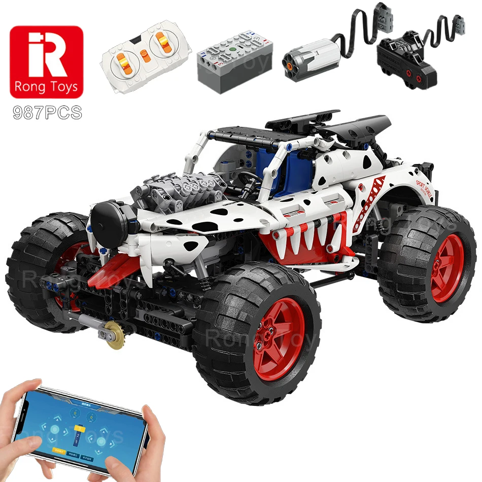 Monster Jam Truck Technical Autos Building Blocks Giant Toothed Shark Beach Off-road Vehicle Bricks Kids Remote Control Car Toys