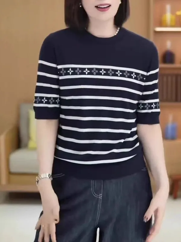 

plus Size Striped Knit Top ort Sve Casual Contrast Color T-irt for plus Size Women Summer Slimming Loose Faionable C...