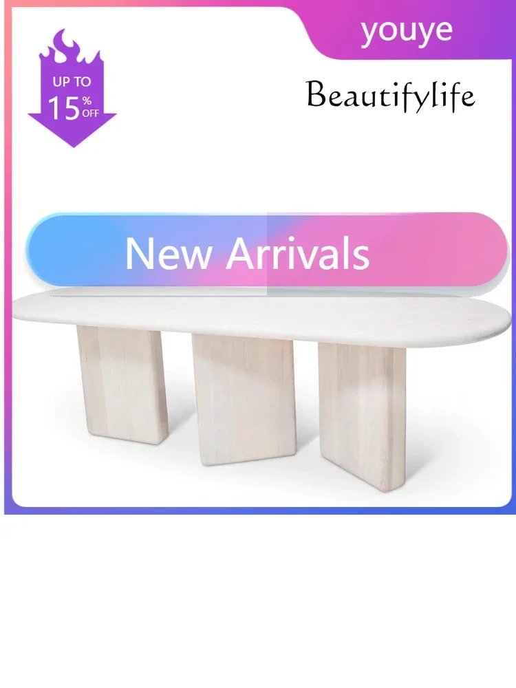 N36 Medieval retro solid wood dining table art oval log dining table Nordic solid wood homestay dining table