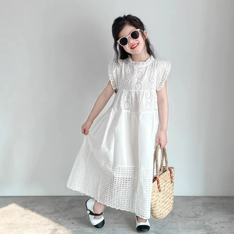 

2025 Spring Summer New Girl Heavy Industry Lace Hollow Sweet Flying Sleeve Fairy Dress Long Lace Princess