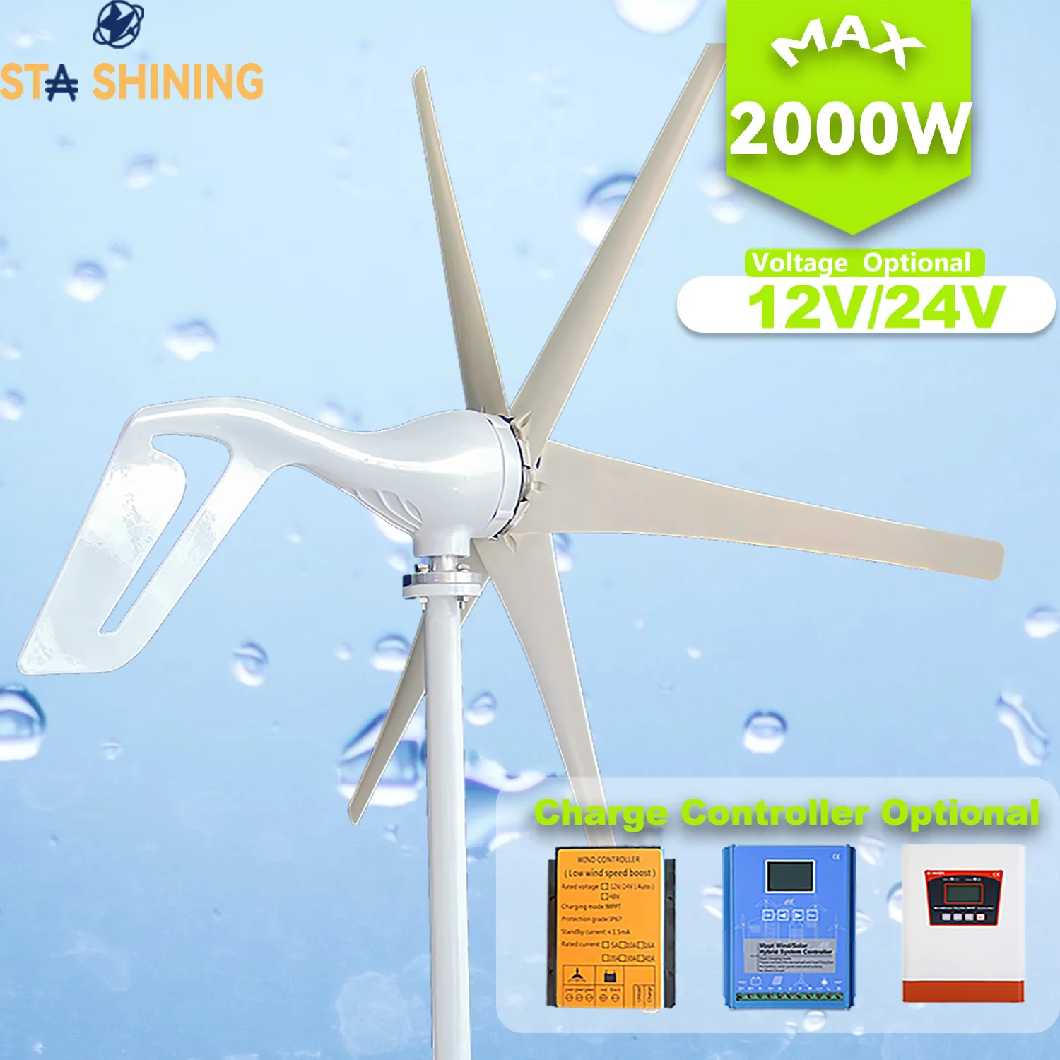 

【Higher-Output】Horizontal Wind Turbine Generator 2000W Windmill w/MPPT Charger/Hybrid Solar Wind Power System, Home Use 6 Blades