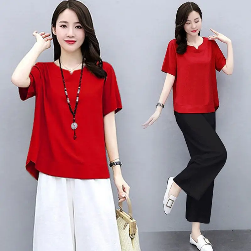 Conjunto de verano de algodón puro para mujer, pantalones informales de pierna ancha, conjunto de dos piezas Faionable Ele Sle ort Sve