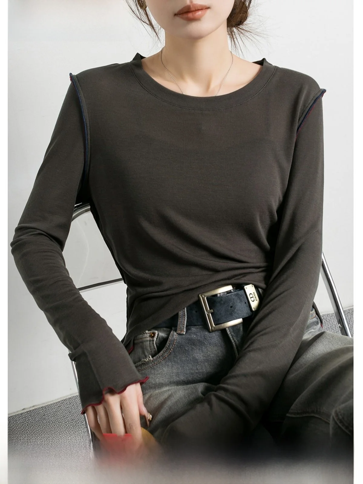 

Trendy Floral Knitted Thin Wool Silk T-irt Women's round Ne Long Sve ort Length Straight Fit Spring New Arrival