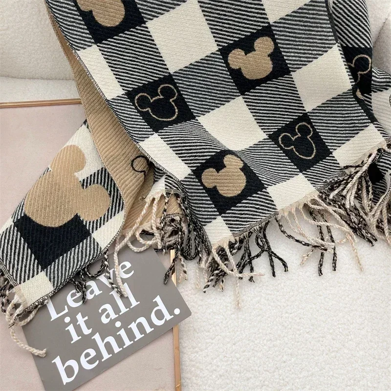 Fashion Mickey Love Checkerboard Girls Scarf with Tassel  Autumn Winter Warm Casual Cashmere Soft Neck Scarves Birthday Gifts