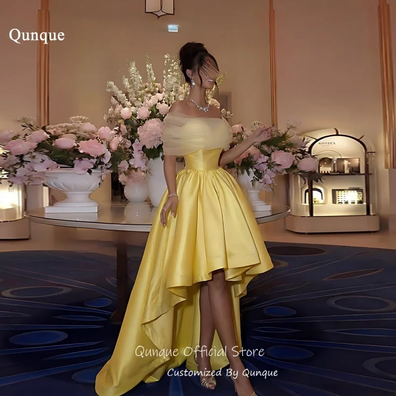 

Qunque Satin High Low Prom Dresses Sheer Tulle Overlay Vestido Festa Yellow شارون سعيد فساتين سهره Customized