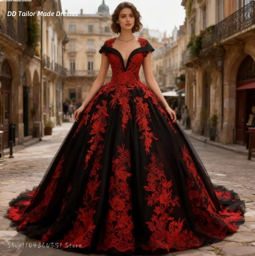 Red And Black Gothic Wedding Dress Lace Appliques Caped Sleeves Ball Gown Tulle Bride Gowns Customized Vintage Vestidos De Novia