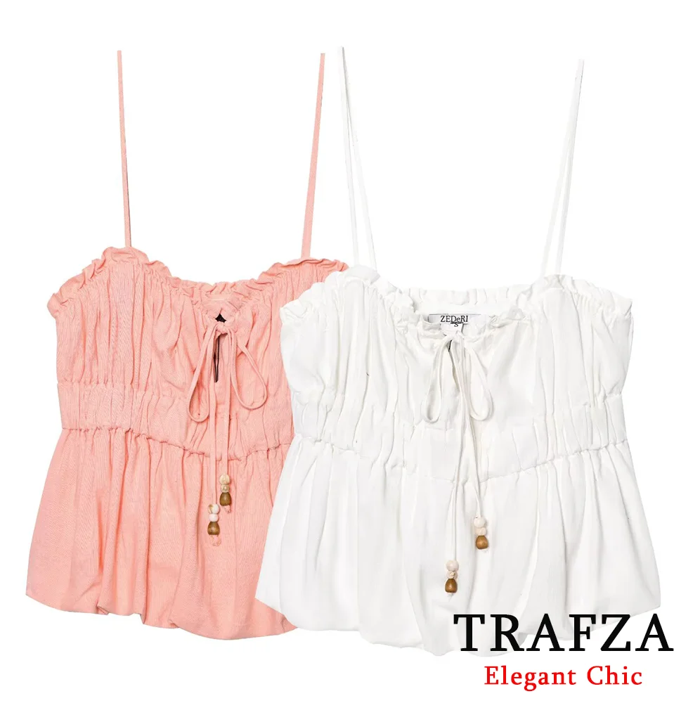 

TRAFZA Sweet Cute Lace-up Camisole Women's Slim Elastic Sling Top New 2025 Summer Fashion Vacation Date Cute Casual Top