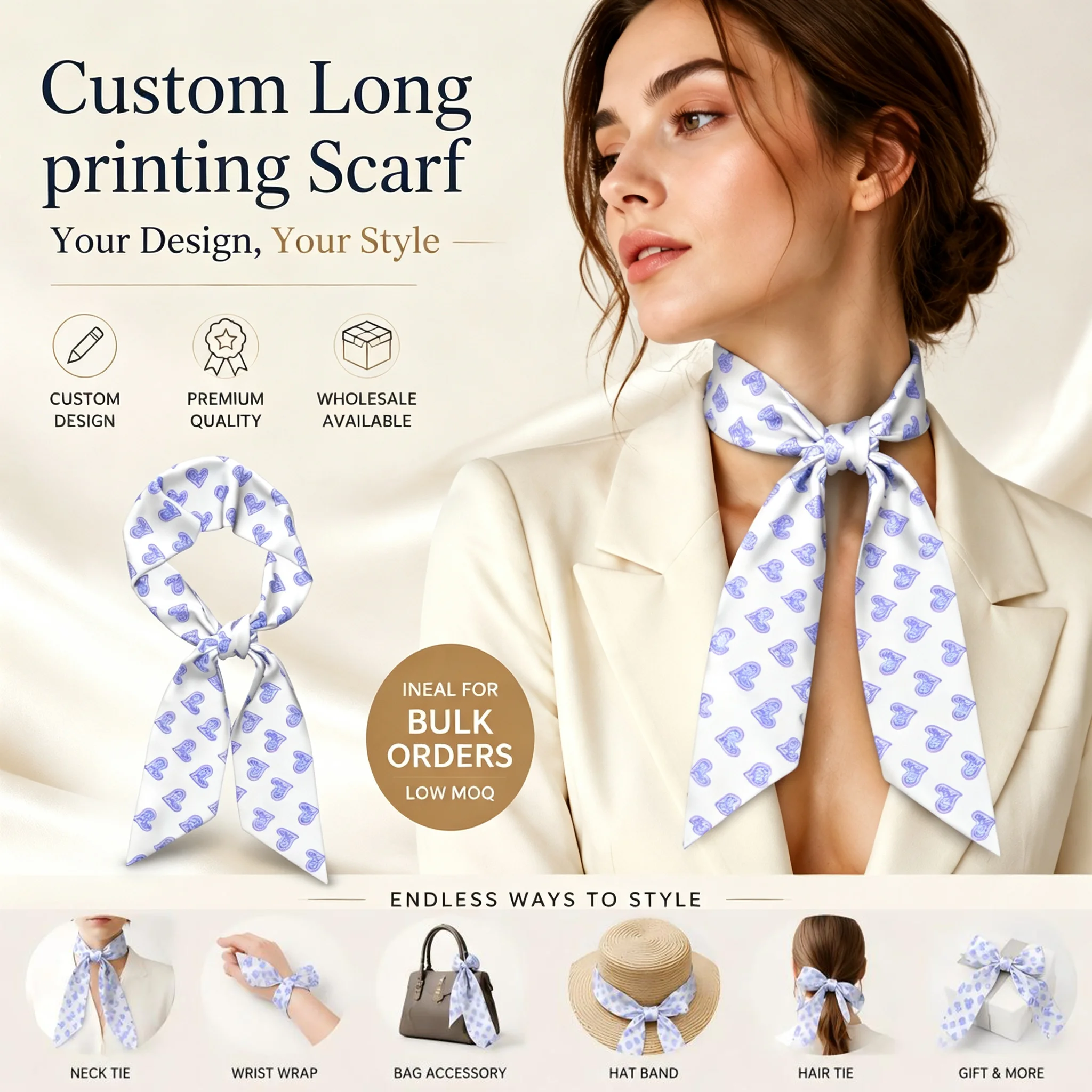 128x7.6cm Long Silky Narrow Scarf Custom Design DIY Hairband Women Headscarf Neck Tie Elegant Accessories