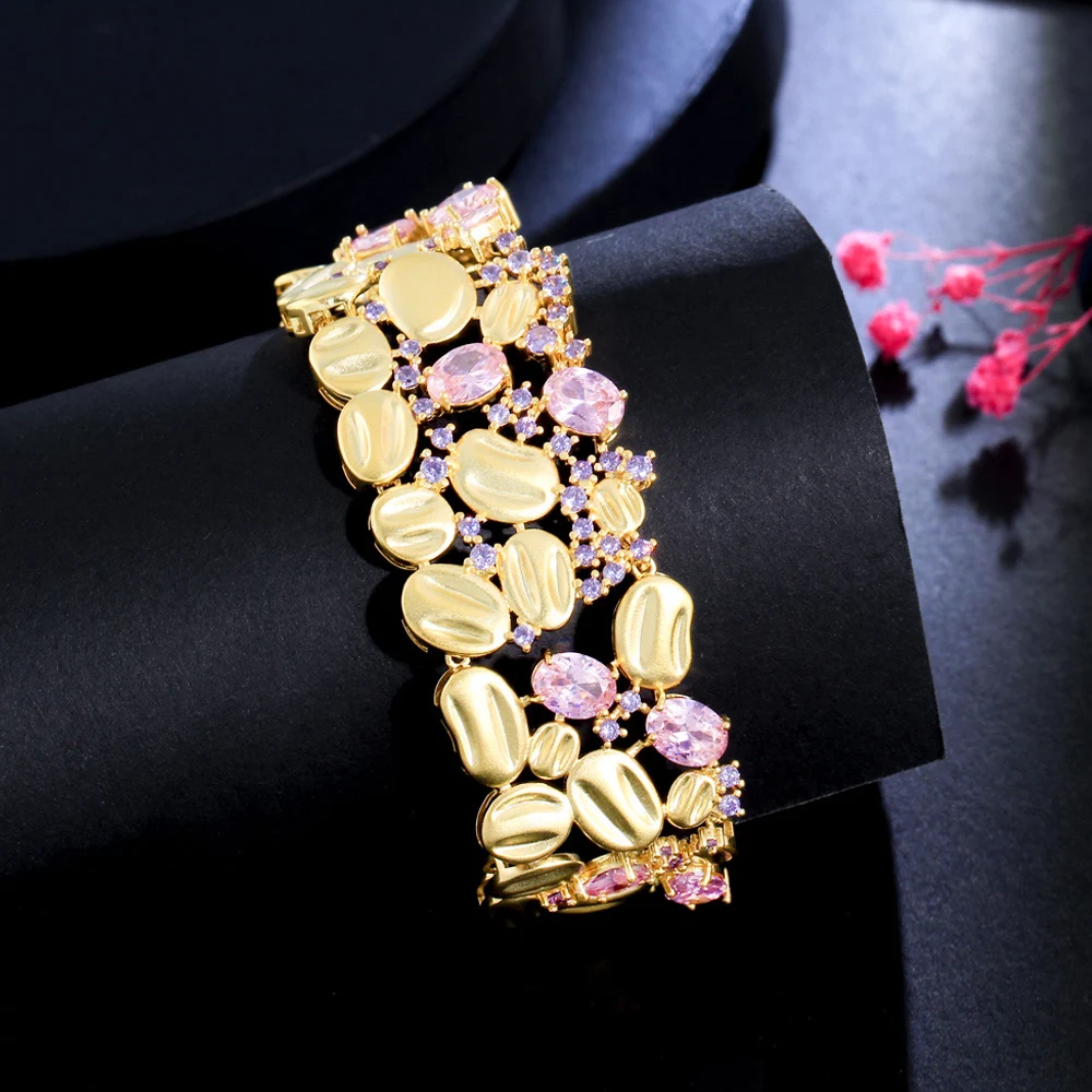 ThreeGraces Luxury Purple and Pink Cubic Zirconia Gold Color Big Wide Party Bracelet for Women Nigerian Dubai Prom Jewelry BR255