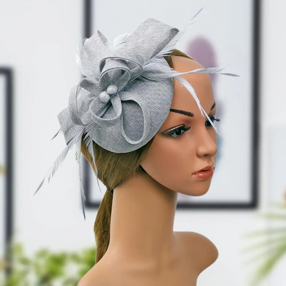 Faux Feather Fascinator Hat Net Yarn Hat Shape Bow Mesh Mini Beret Hat Headdress