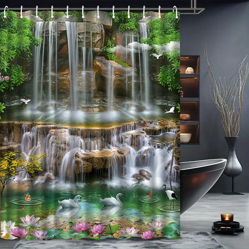 Waterfall Swan Lotus Shower Curtain Nature Landscape Art Bathroom Decor Zen Garden Bath Curtains for Modern Home Interior