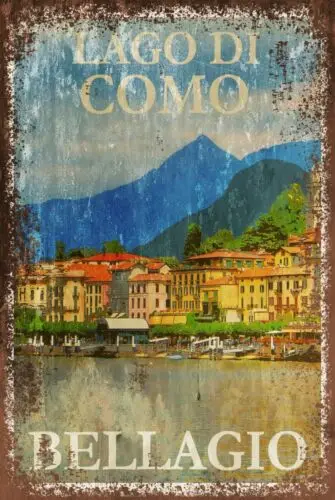 Lake Como, Bellagio, Italy Travel Advert Retro Style Metal Plaque Sign, vintage