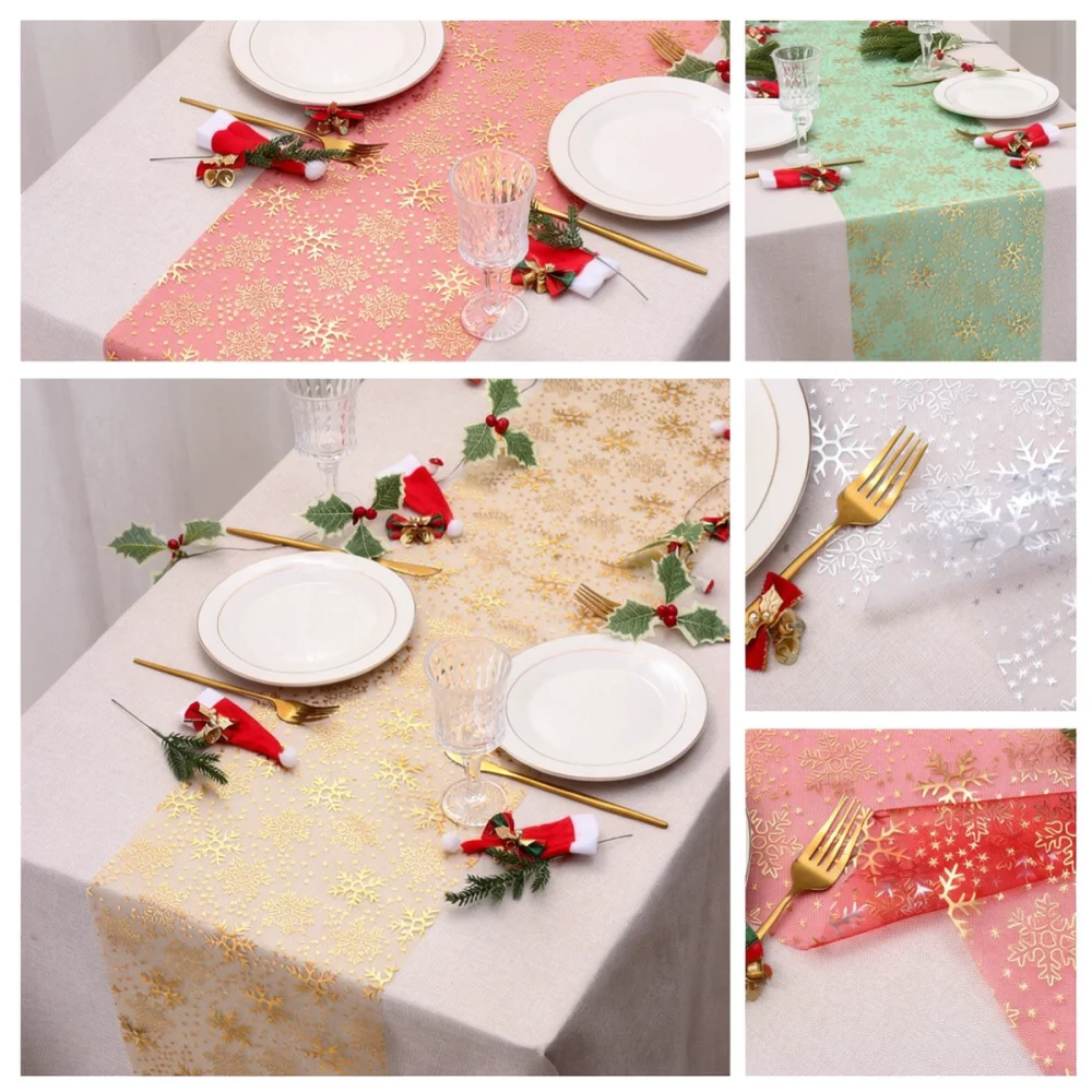 Gold Silver Foil Organza Table Runner Snowflake Elk Pattern Dining Table Decor For Christmas Wedding Party Supplies