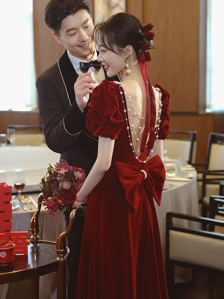 

Sexy Wedding Dr Long Red Wine Color Engagement Dinner Dr Cusizable Ceremony Gown Korean Sle ort Sve V-Ne