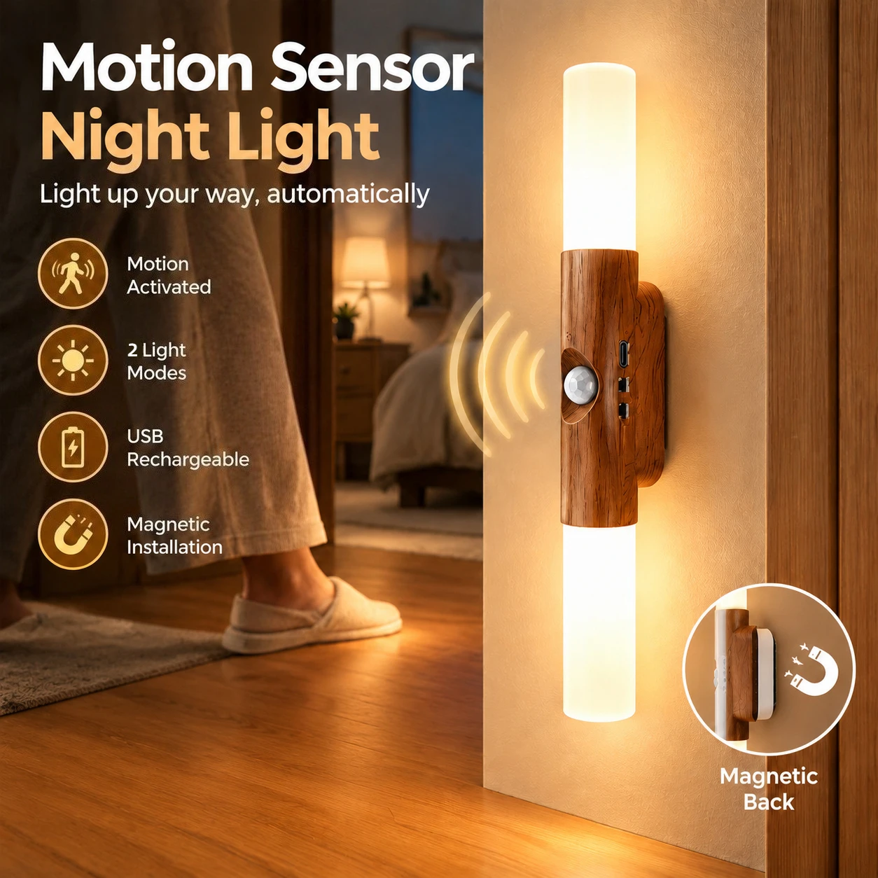 USB Rechargeable Bedside Lamp Motion Sensor Night Light Magnetic Dimmable RGB Lamp for Bedroom Stairs Closet Cabinet Hallway