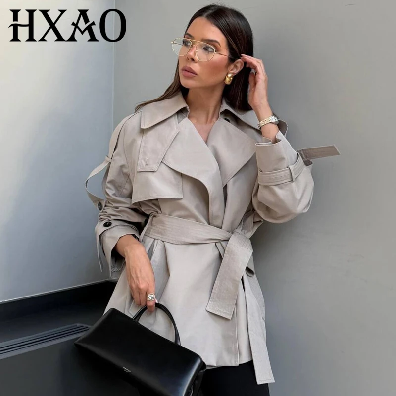 

HXAO Women's Loose Khaki Windbreaker All-Season 2026 Fashion Button Belt Long Sleeve Trench Coat Women Elegant Commute Outerwear