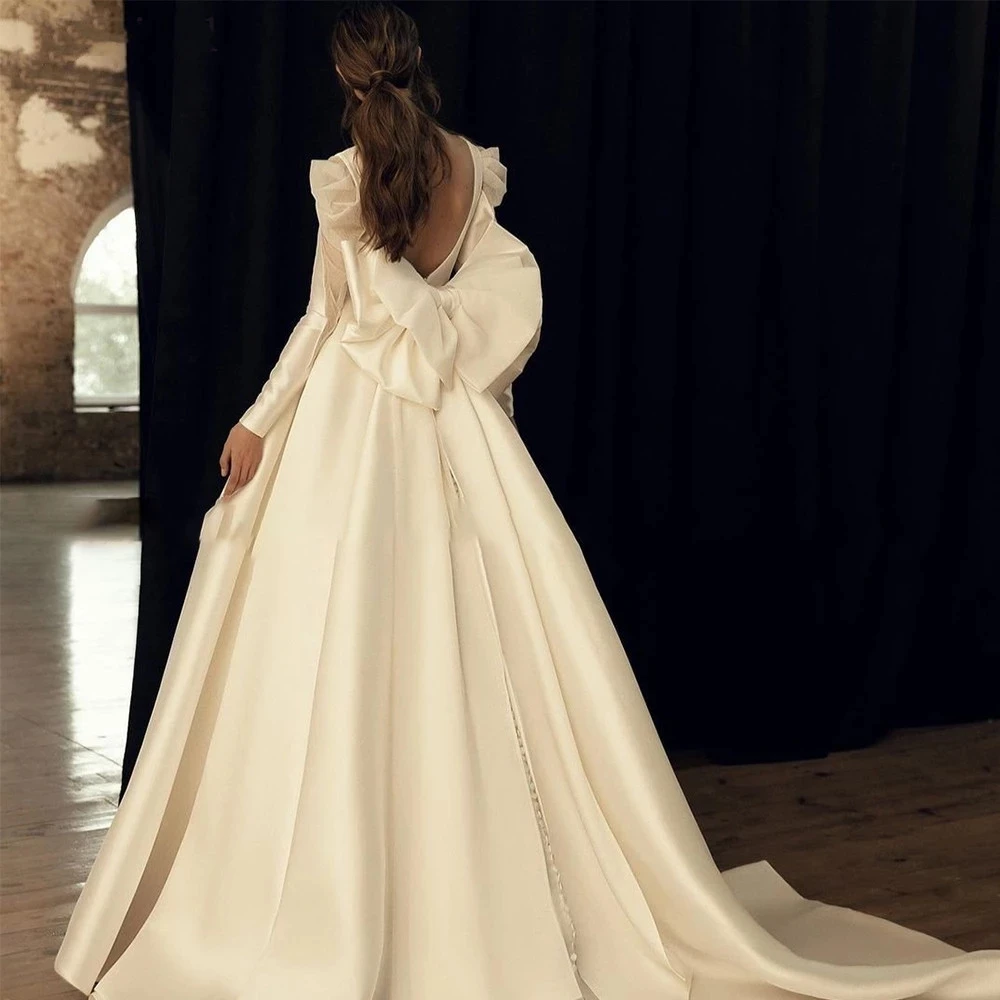 Recatado profundo personalizado uma linha vestido de casamento mangas compridas costas abertas com arco vestido de noiva tribunal trem simples vestidos de novia