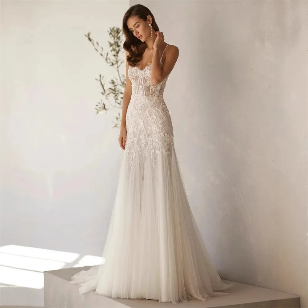 

ZIBUYU 2025 Elegant Spaghetti Strap Sweetheart Neckline Lace Embroidered Mermaid Brida Gown Simple Vestidos De Novia Customized