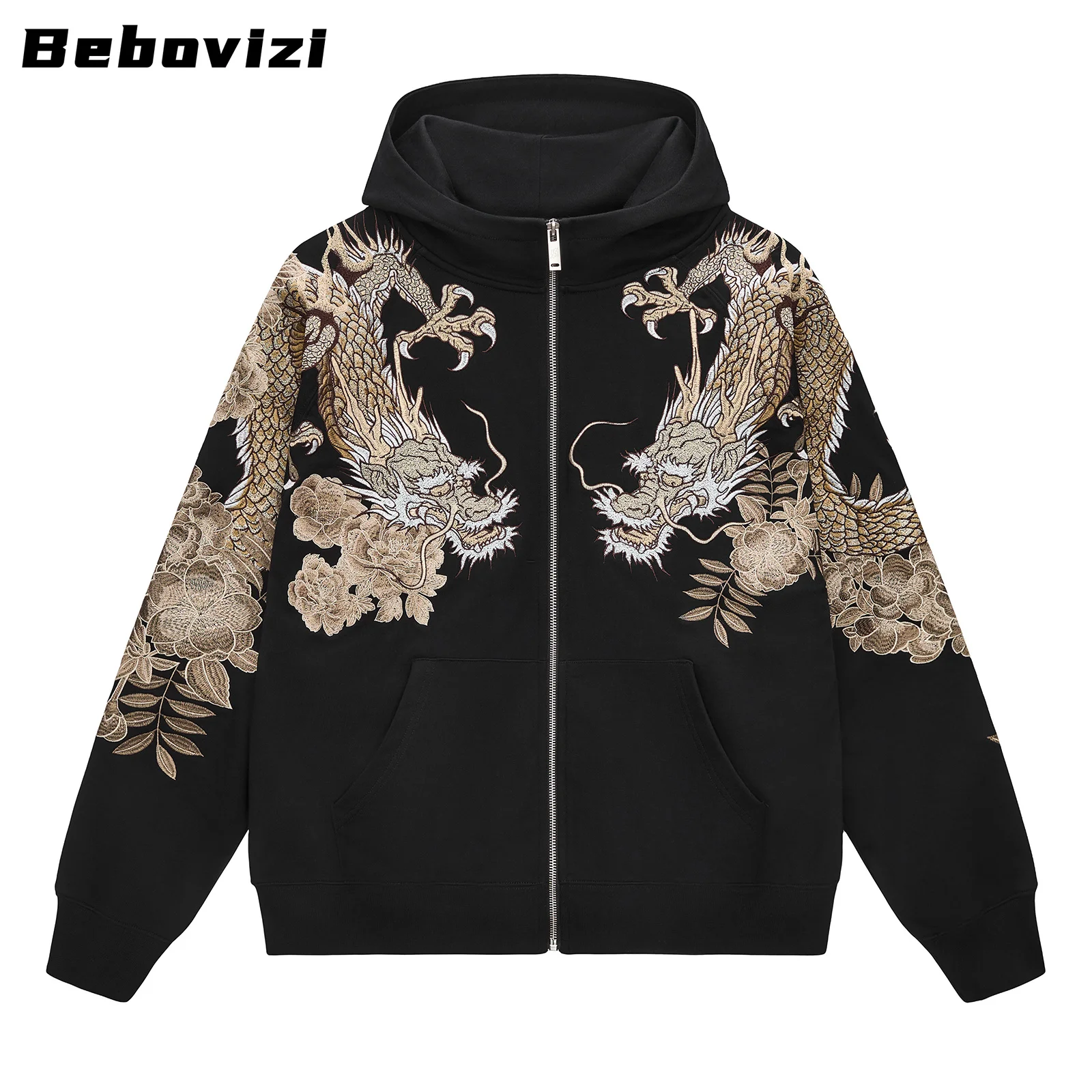Men's Black Japanese Anime Zip-Up Hoodie Autumn Hip Hop Dragon and Tiger Flower Embroidery - Chinese Style Streetwear Jacket