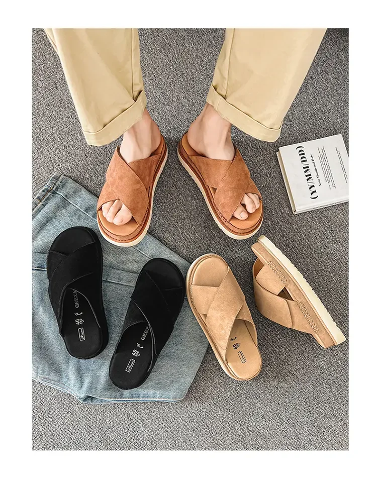 Men's and women's slippers couple style summer breathable new versatile shoes thick sole cork outer wear genuine leather