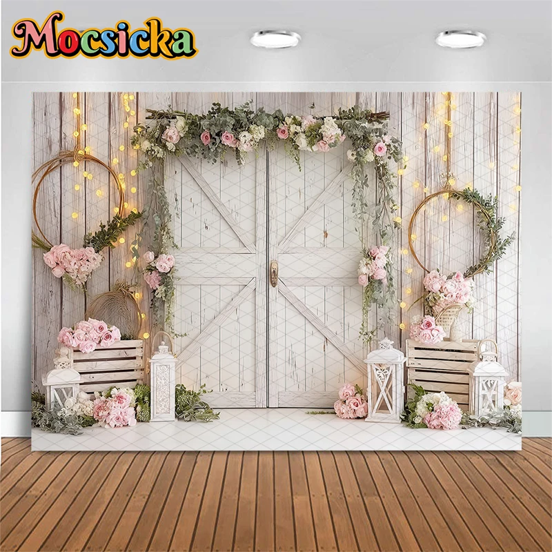 Mocsicka Wedding Backgrounds Photographs White Wooden Door Flower Family Party Decors Baby Shower Birthday Backdrop Photo Studio
