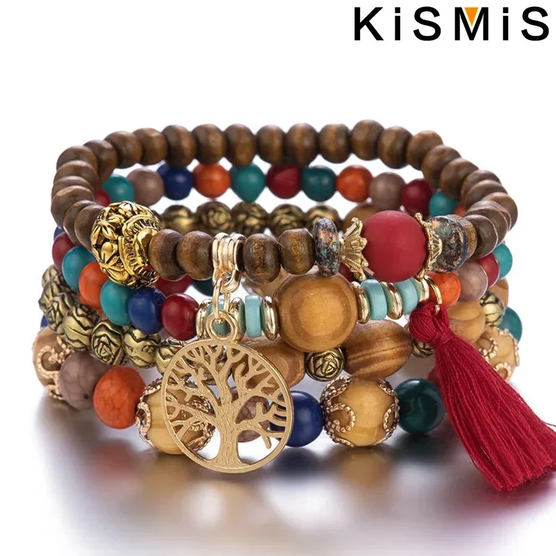 KISMIS 4Pcs/Set Four Seasons Bohemian Beaded Jewelry Bracelet and Bracelet Women Elastic Bracelet Jewelry 1 or 2 Sets Optional