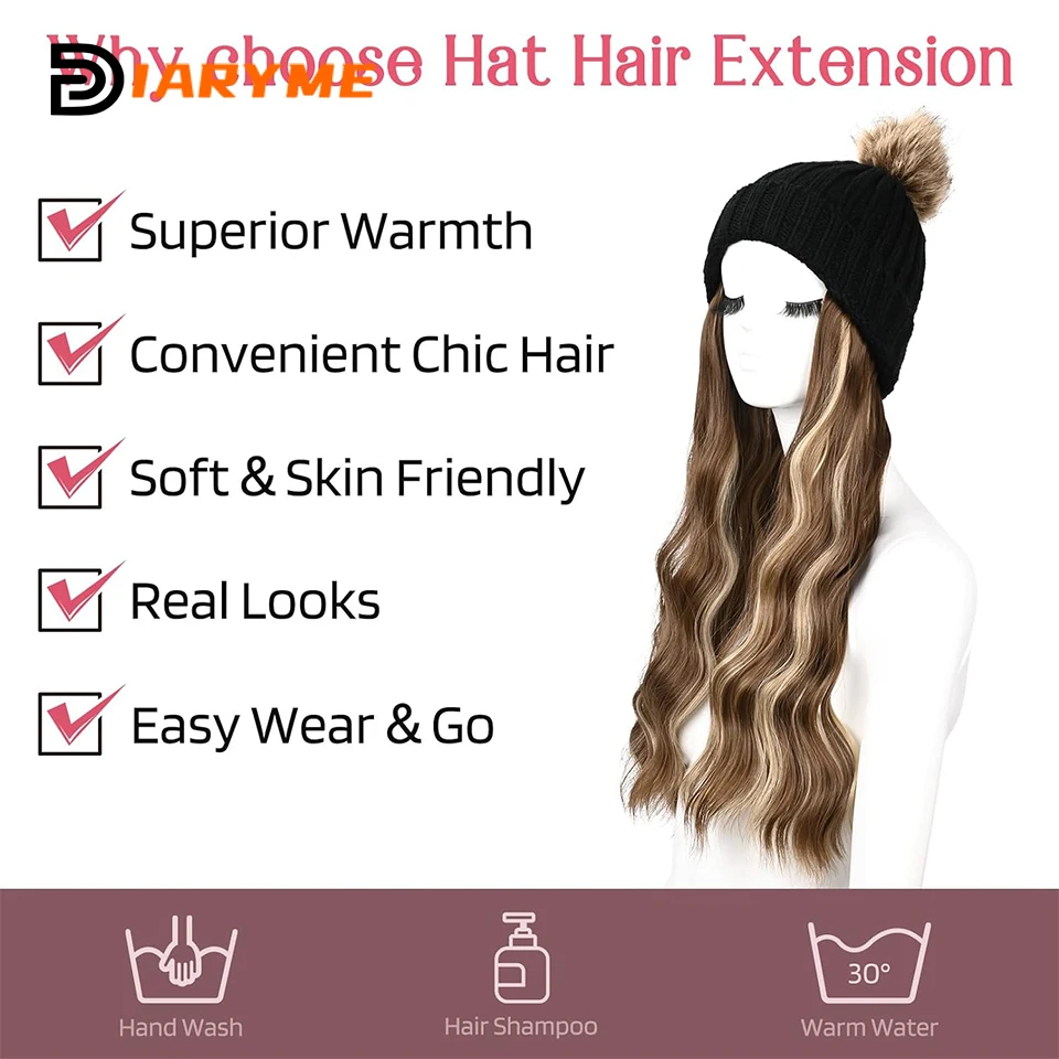 Knitted Beanie Wig Hat Hair Extension Long Wave Black Hat Wig with Faux Fur Pom Hat Attached Synthetic Hairpiece for Women Girls