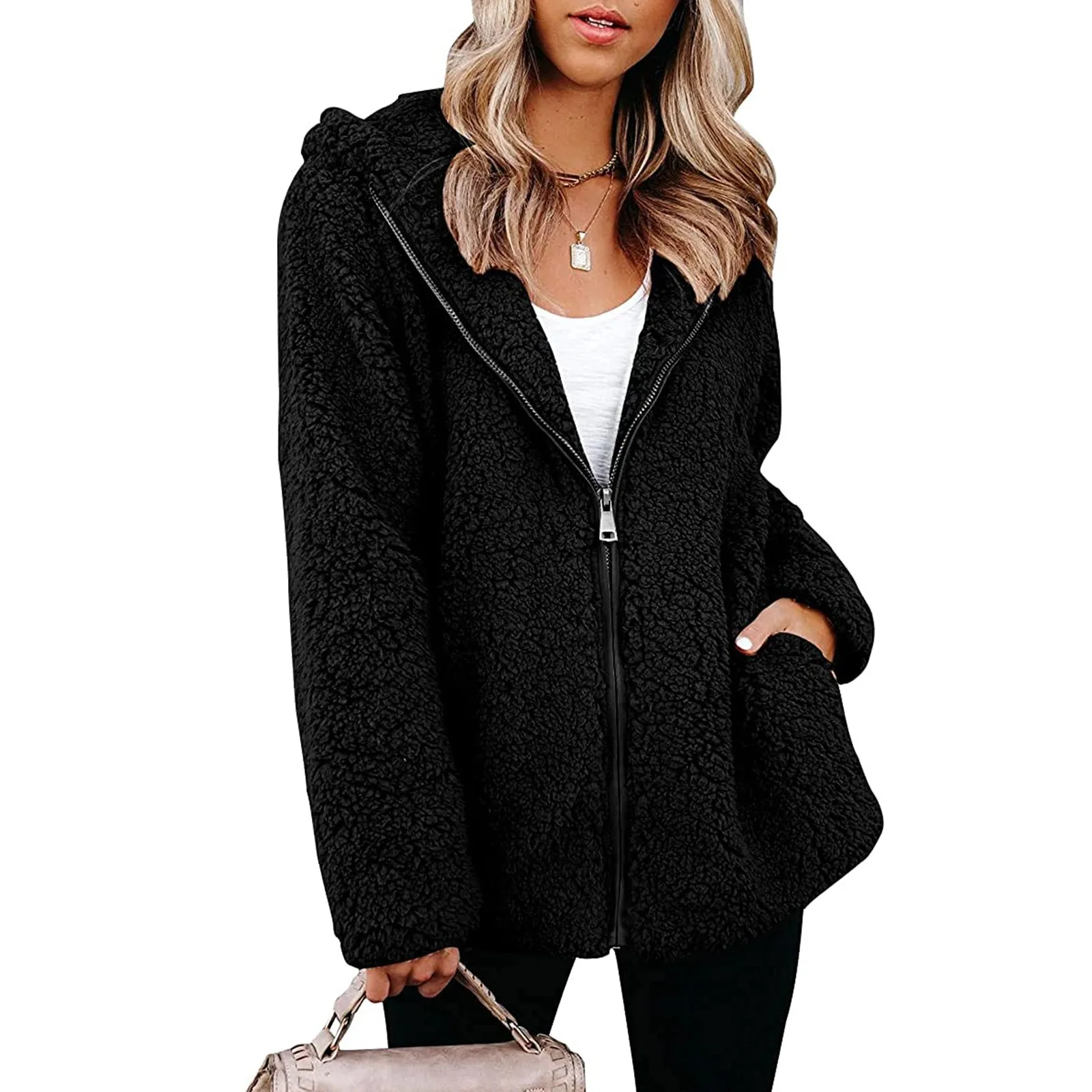 Women Fleece Jacket Long Sleeve Lapel Zip Up Outwear Faux Shearling Shaggy Zip Up Outwear Coats Female Jackets Jaqueta Feminina