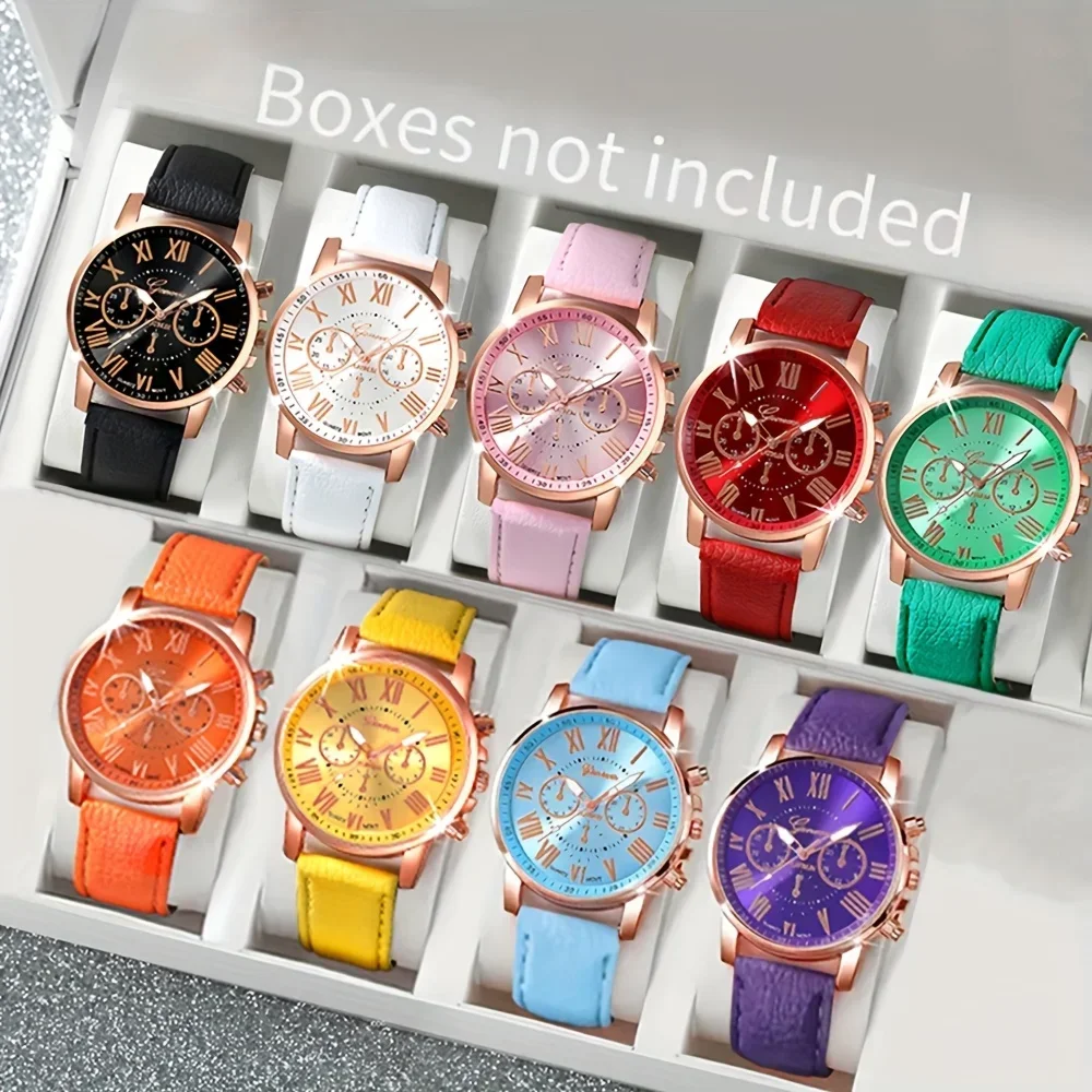 9-piece fashionable watch set, unisex quartz movement, round zinc alloy case, faux leather strap, none, mixed colors,