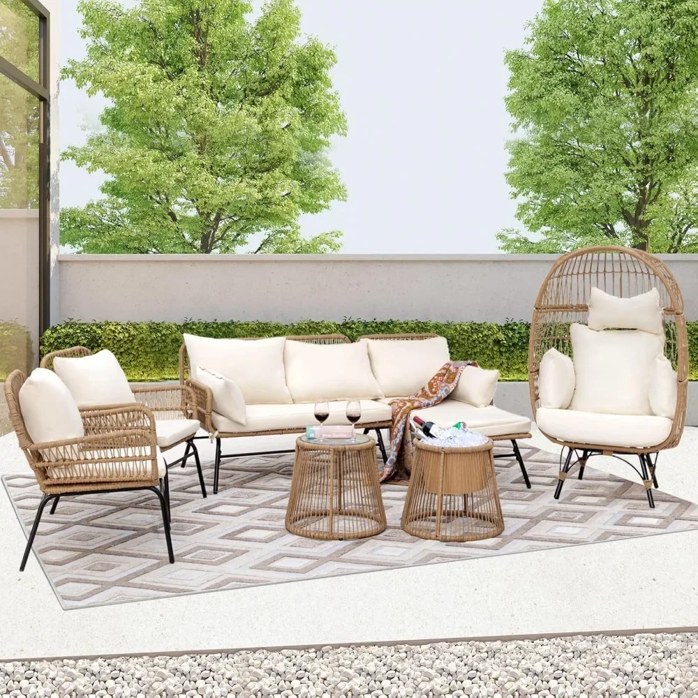 

7-piece Bohemian style terrace furniture set with egg chairs, small outdoor bar chairs, conversation sofa set