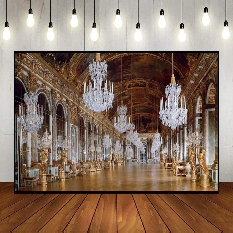 Magnificent Medieval Palace Castle Golden Chandelier Staircase Birthday Decoration Party Backdrop Background Photo Custom Happy