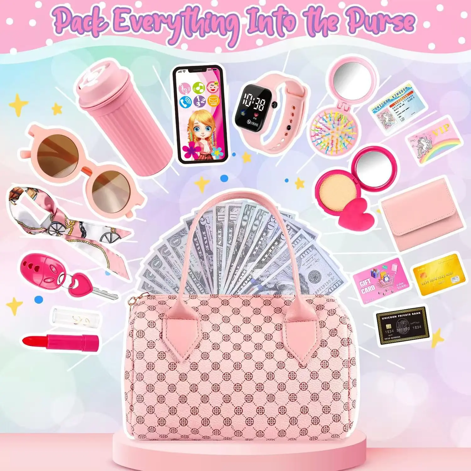

Little Girls Play Purse Kids Pretend Play Purse Cell Phone/Makeup/Keys Princess Makeup Cosmetic Set for Christmas Birthday Gift