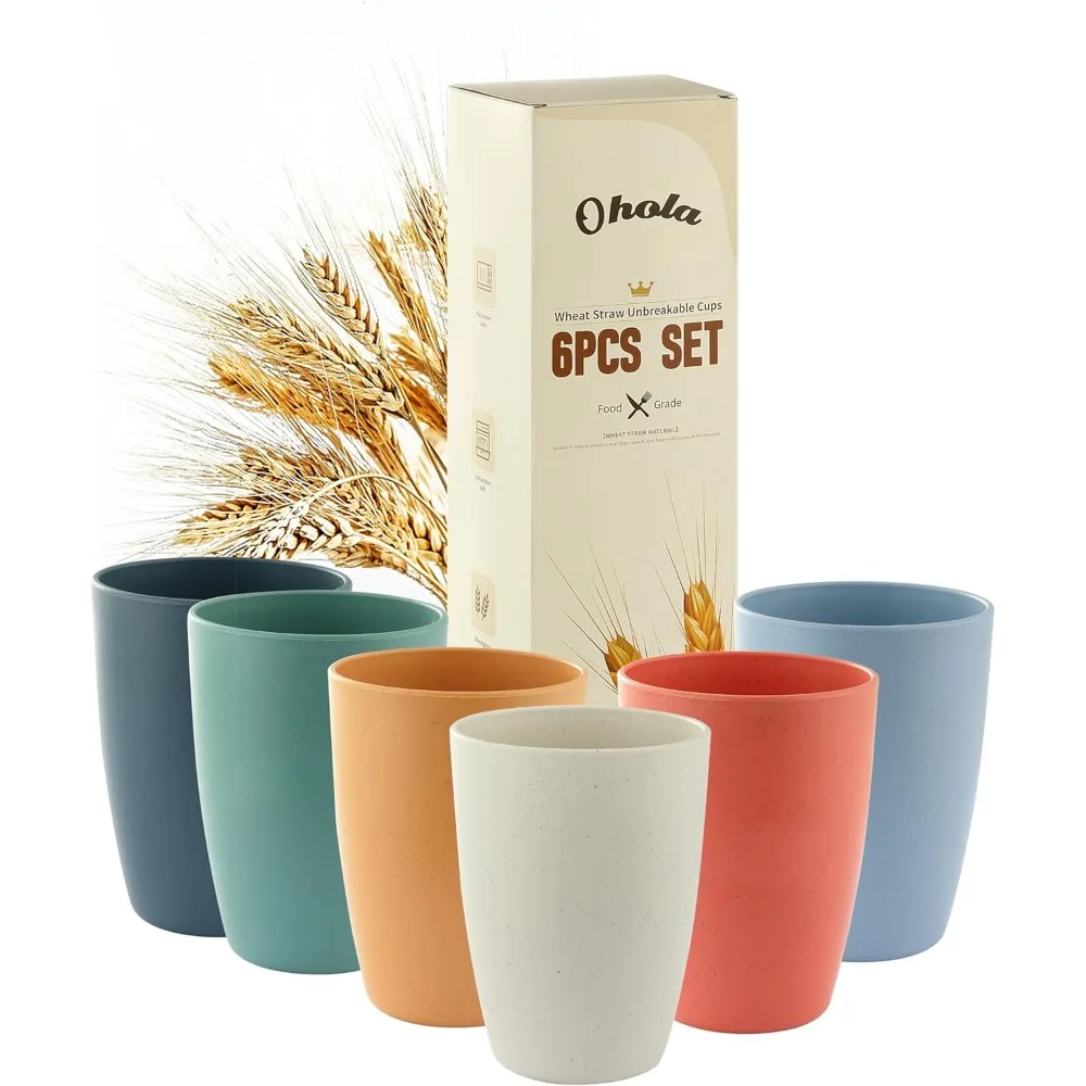 

6PCS Wheat Straw Cups, OHOLA Unbreakable Reusable Plastic Drinking Glasses Cups Tumblers (12OZ, 6 Colors)