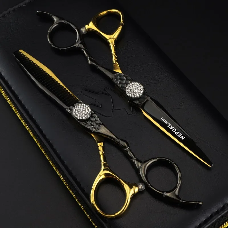 NEPURLson 6.0inch JP440C black-gold full diamond adjustable high screws hair scissors  for the right hand, sharp and beauty