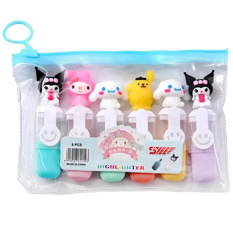 6 Pieces  Kawaii Sanrio mymelody Kuromi Cinnamoroll Pom Pom Purin Fluorescent Highlighter Pen Markers Pastel Drawing Pen