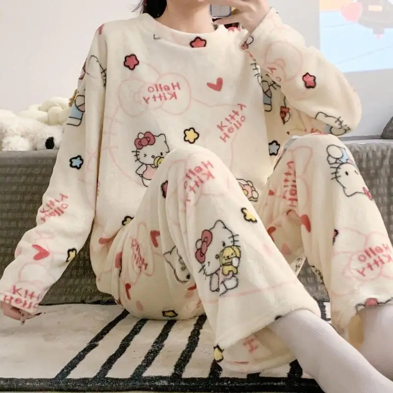 2 Stuks Hello Kittys Pyjama Set Anime Sanrios Leuke Meisje Pluche Nachtkleding Dikker Warme Vrouwen Casual Thuis Kleding Student nachtkleding