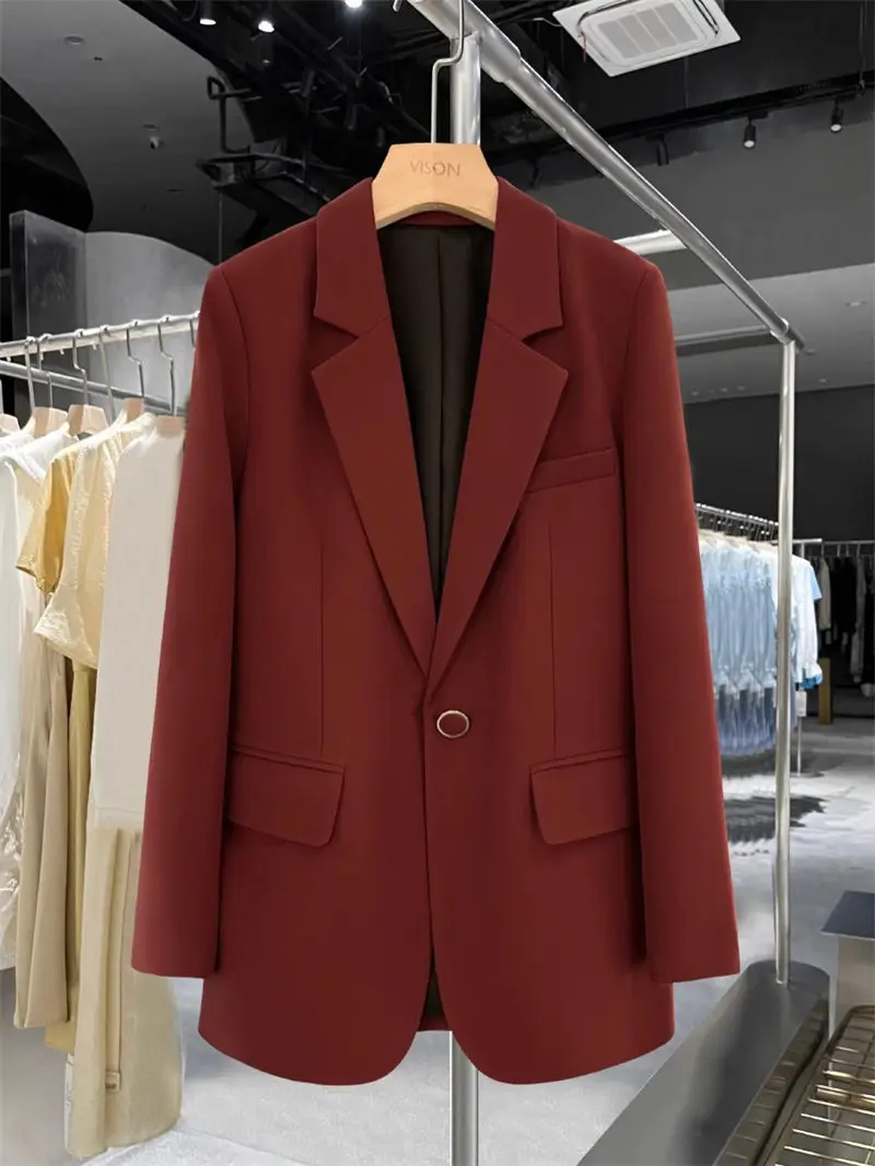

2023 Spring And Autumn New Wine Red Korean Version Blazer Coat Women's Fashion Retro One Button Straight Suit Jacket Z2767