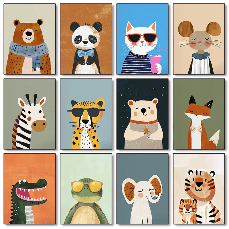 Lustige Niedliche Cartoon-Tiere Minimalistische Nordische Poster Drucke Leinwandgemälde Wandkunst Bild Wohnzimmer Kindergarten Heim Deko