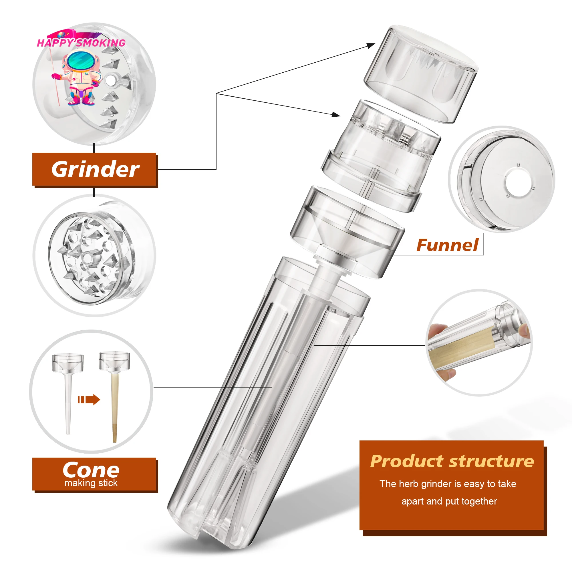 2 in 1 Plastic Tobacco Filler Grinder for Smoking Pre Roll Cone Roller Horn Tube Cigarette 110mm Rolling Paper Filling Machine