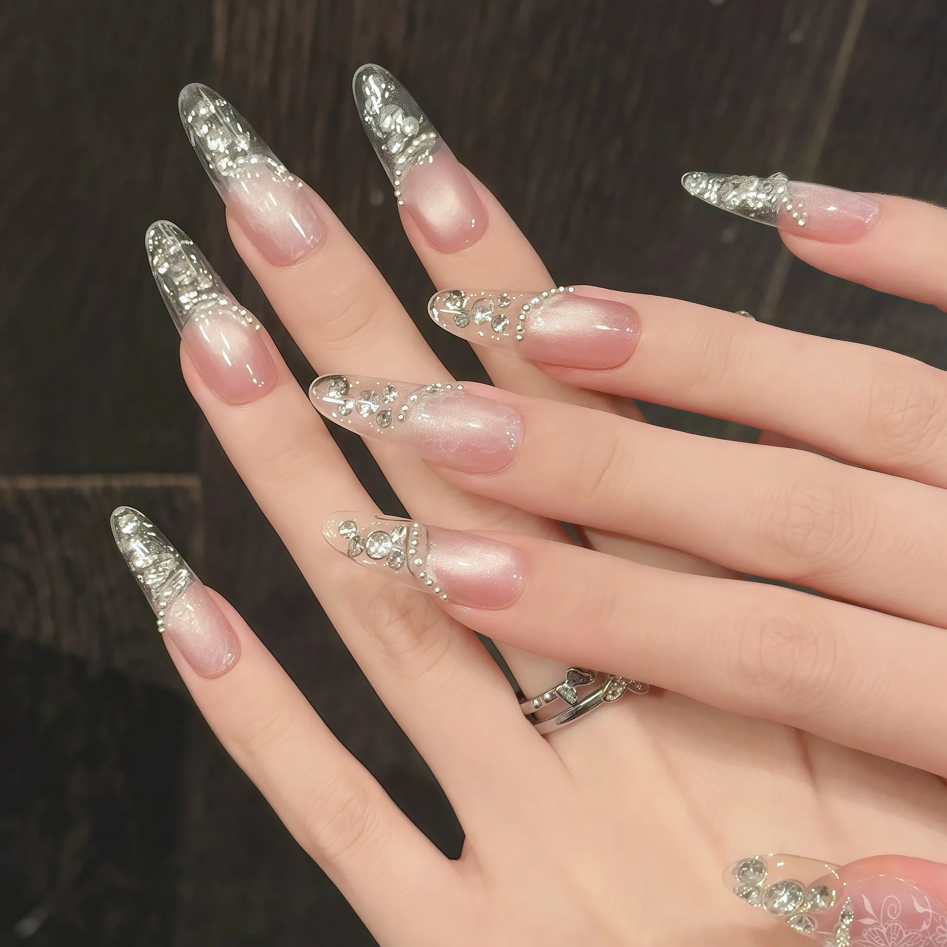 10 pçs de luxo artesanal imprensa em unhas longo oval nu rosa olho de gato design com ferramenta de 3 peças abas adesivas de cola de unhas
